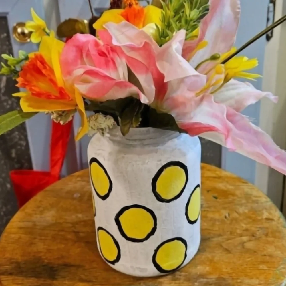 Mystery of One, One Of A Kind Silk Floral Arrangement in a Handpainted Glass Jar